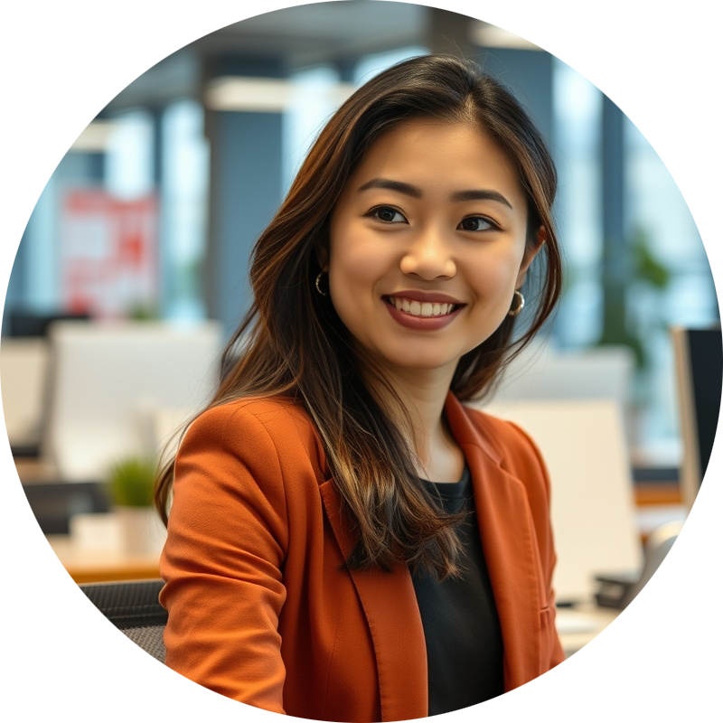Female Asian professional in a modern office setting.