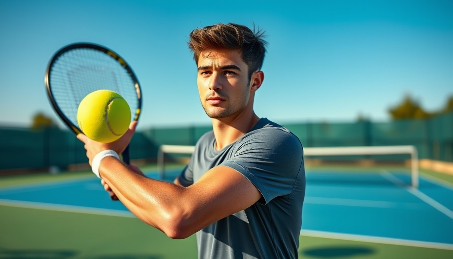 Focused tennis player preparing to serve on a sunny court.