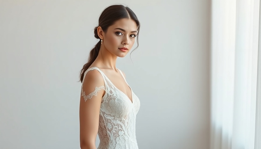Elegant woman in lace dress posing gracefully, minimalistic background.