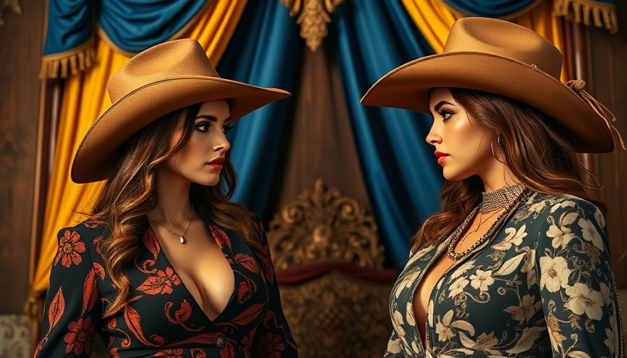Chic Western Wear Austin: Stylish women in hats with vibrant backdrop.