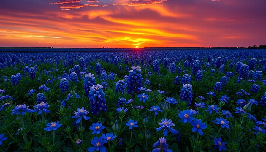 Vast field of bluebonnets at sunset in Texas, vibrant wildflower scene.