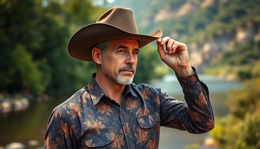 Cowboy tipping hat by riverbank, free music events during SXSW.