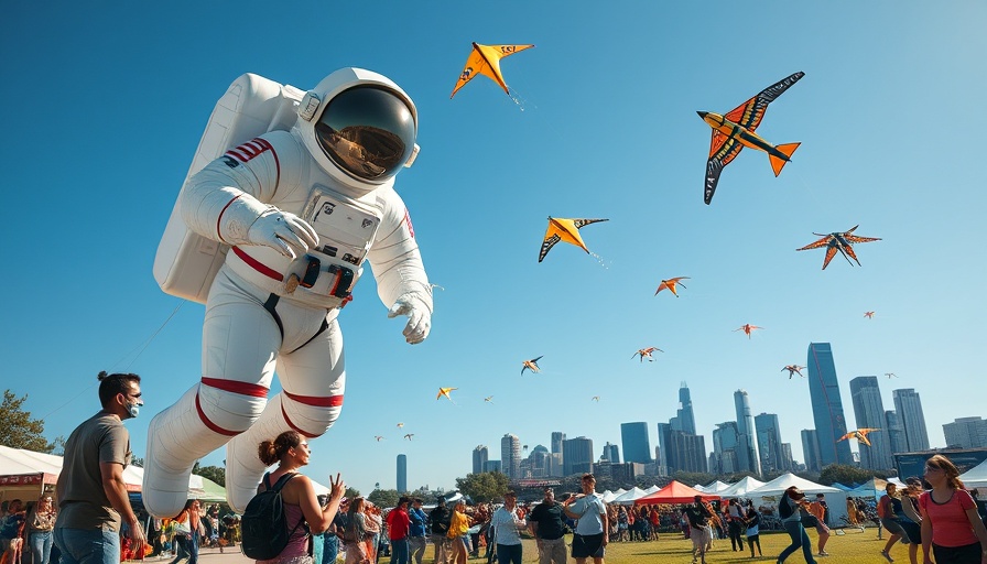 Special events in Austin with giant kite and city skyline.