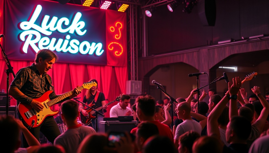 Lively music performance at Luck Reunion festival with neon sign.
