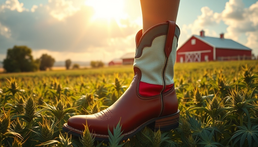 Texas hemp industry symbolized by boot on hemp field with barn.