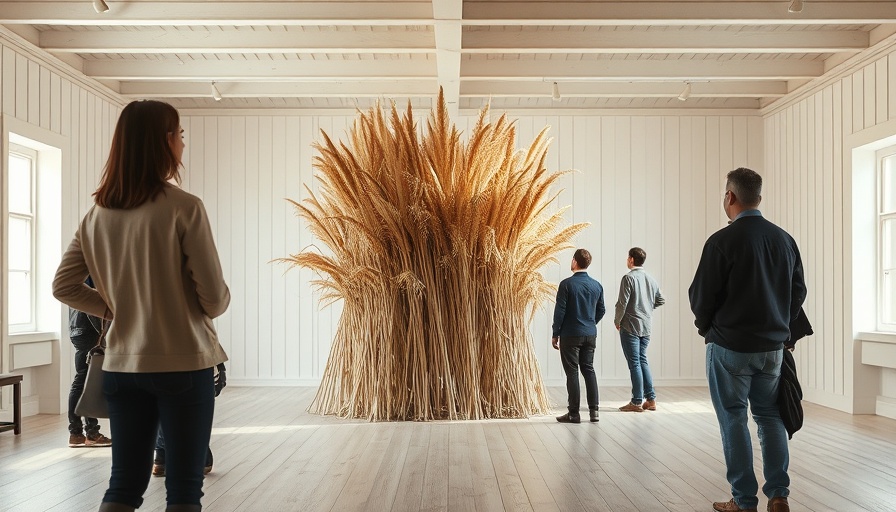 Visitors at La Cuna Center Art Exhibition observing organic installation.