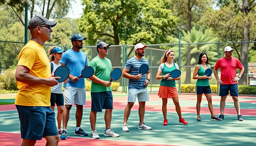 Energetic pickleball players prepare on a colorful court.