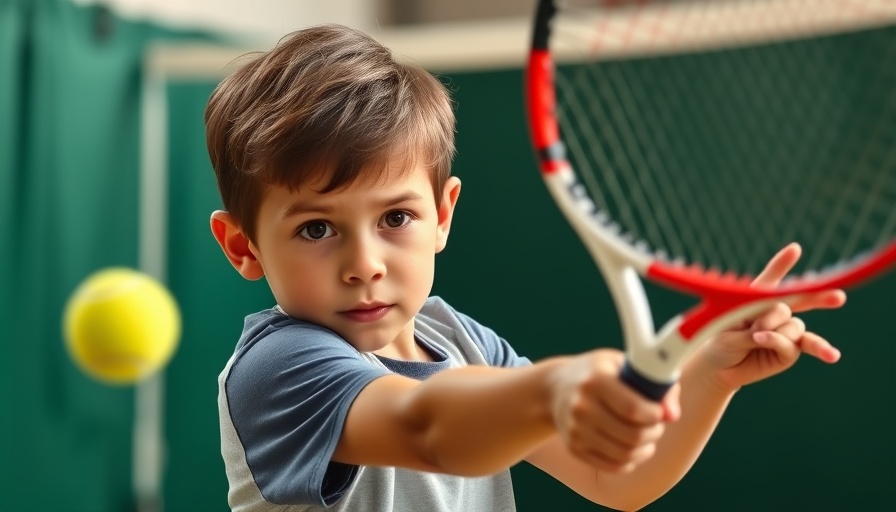 Mini Alcaraz focused on playing tennis on indoor court.