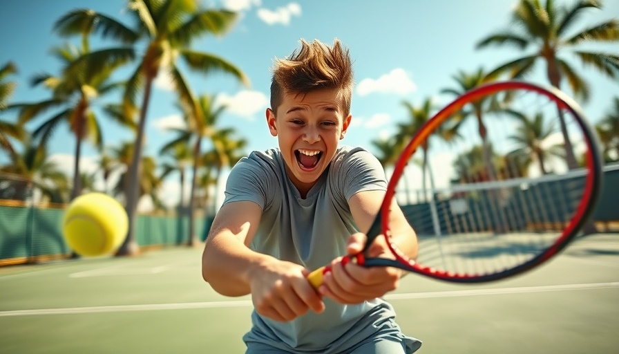 Young athlete learning in sports, playing tennis with enthusiasm.