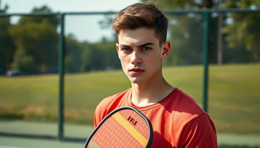 Young athlete holding a pickleball paddle on tennis court.