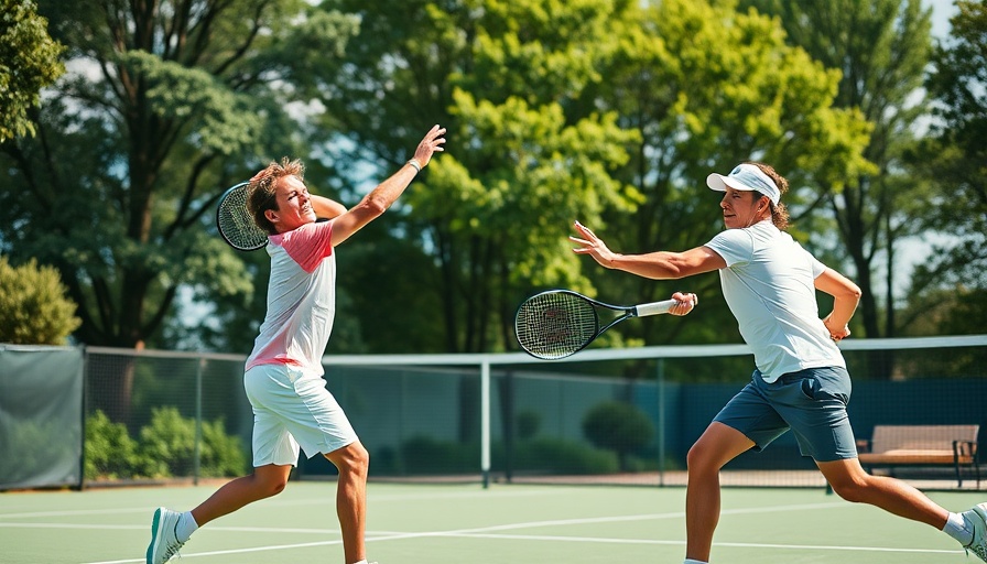 Dynamic tennis match on outdoor court, emphasizing motion and strategy.