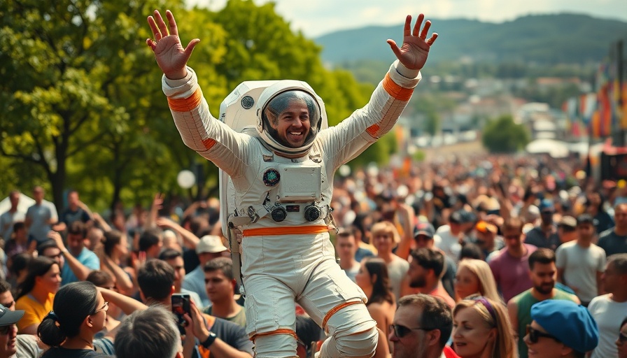 Festive scene with astronaut crowd surfing, green backdrop.