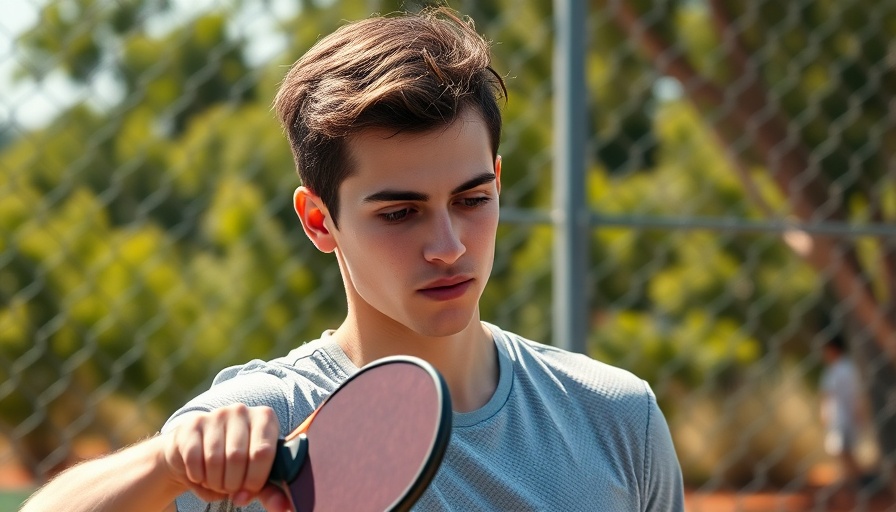 Young man improving pickleball serve on court.