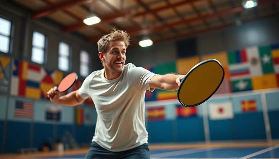 Dynamic pickleball player swinging paddle on vibrant court.