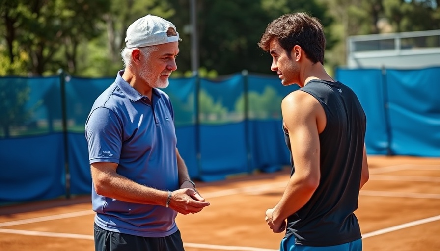 Tennis coach giving serve hack tips on a clay court.