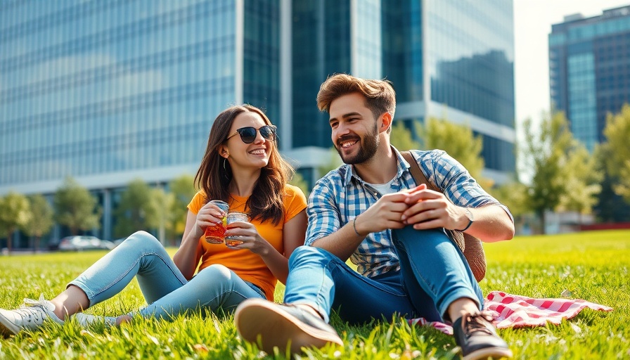 Trendy couple dining outdoors in Austin near skyscraper.
