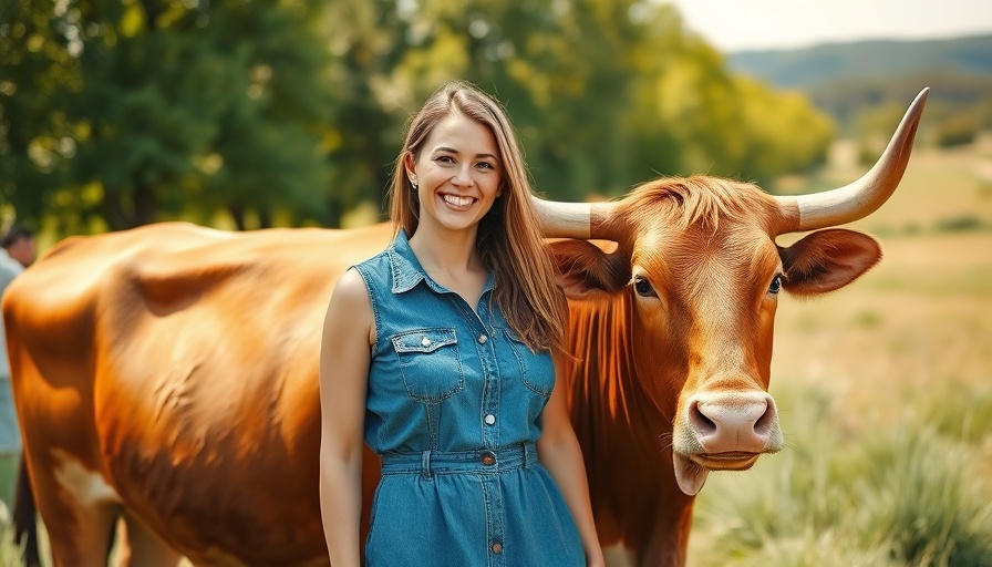 Woman enjoying Austin summer travel with longhorn in sunny field.