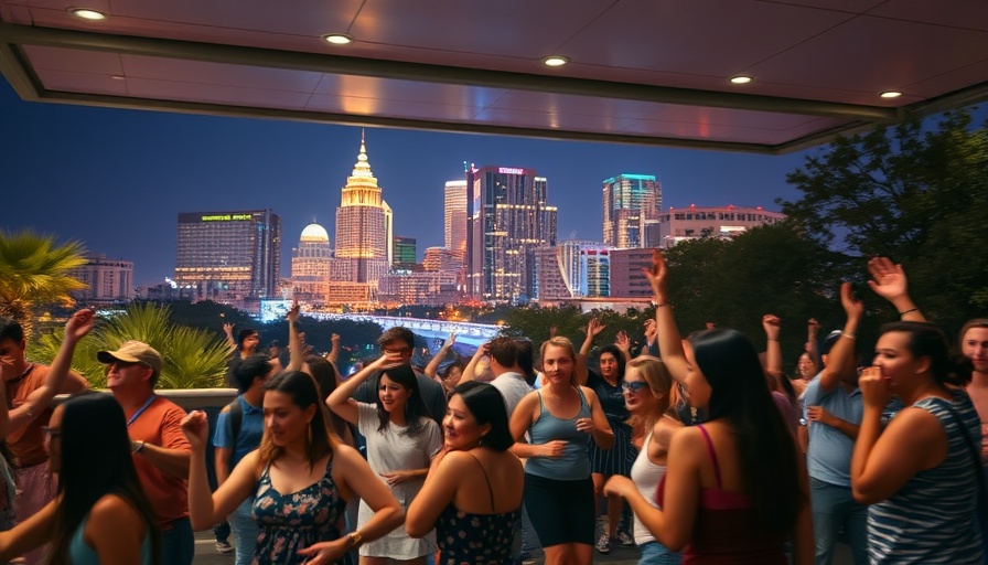 Couples dancing under Austin's skyline.