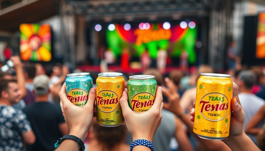 Lively scene with Tejas Tonic THC Seltzer at a concert.