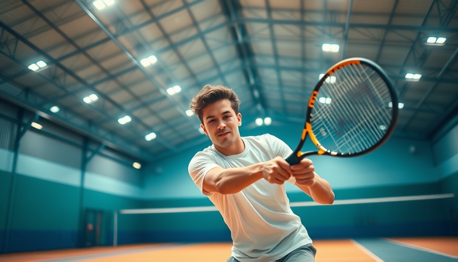 Young athlete energetically playing tennis indoors, asking 'What sport are we playing again?'