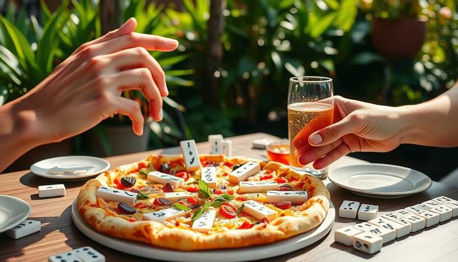 Learn Mahjong in Austin: Pizza and mahjong tiles on outdoor table.