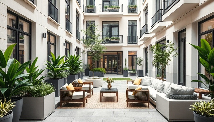 Modern luxury apartment courtyard with chic seating in Austin.