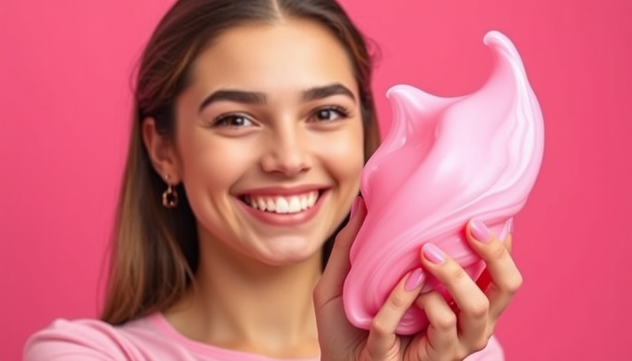 Austin slime company smiling woman with pink slime against a pink background.