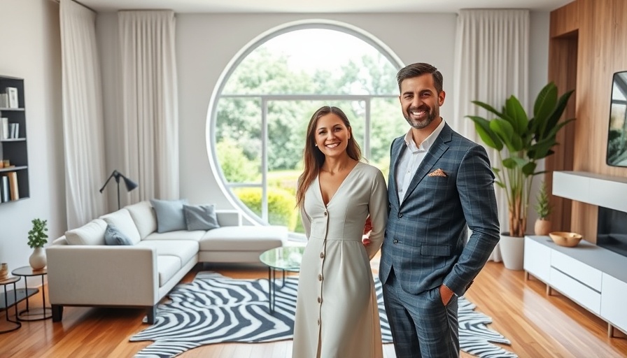 Elegant couple in modern living room during luxury home tour in Austin.