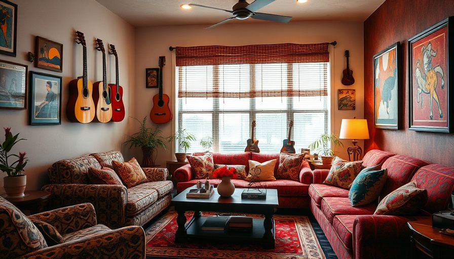 Eclectic living room decor in Austin with vibrant colors.
