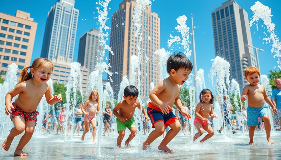 Children enjoying water fountains during early heatwave in Austin, skyscrapers backdrop.