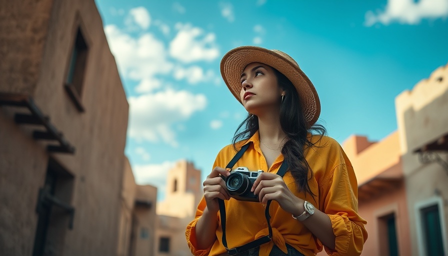 Escape Texas Summer Heat in scenic adobe setting, woman with camera.