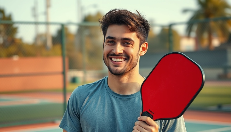 Young man playing pickleball outdoors on a sunny day.