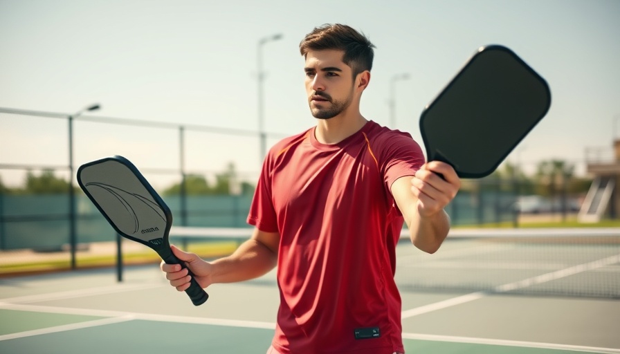 Young man demonstrating pickleball move on court.