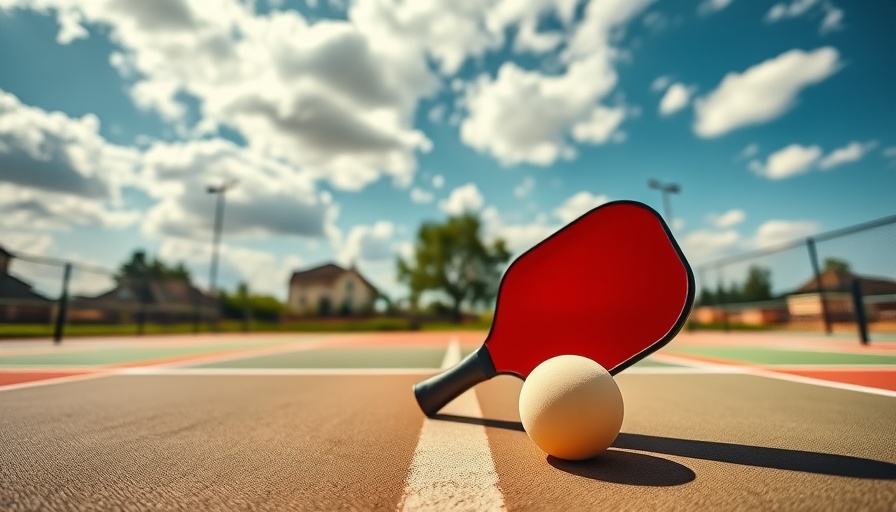 Vibrant pickleball court scene with paddle and ball under a blue sky.