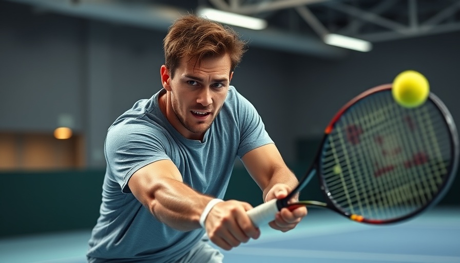 Intense male tennis player hitting a forehand shot indoors, showcasing speed and focus. Learn how to accelerate for speed in sports.