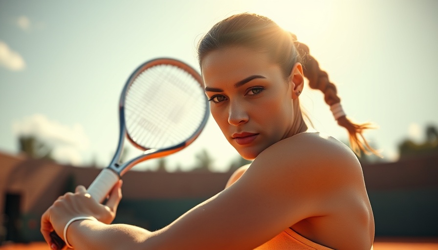 Focused tennis player and timing message on clay court.