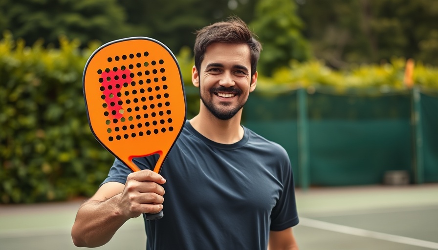 Man smiling and showcasing a vibrant Serk Lux paddle on a sunny tennis court.