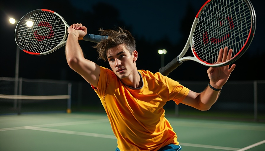 Dynamic smash in tennis match at night with focused athlete.