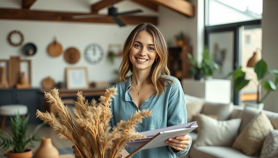 Stylish home decor setting in Austin with a smiling woman arranging items.