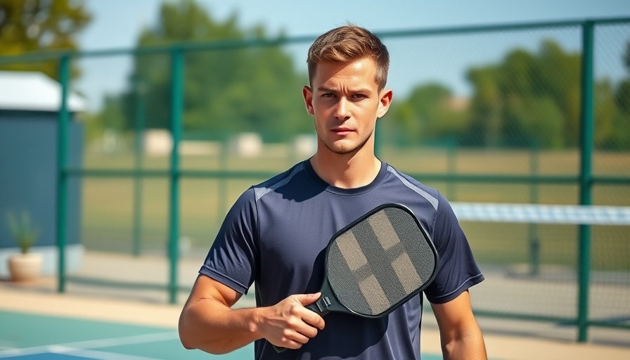 Pickleball player on court holding paddle, focused expression.