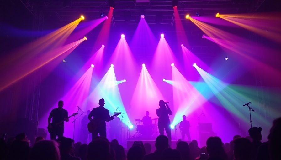 Band silhouette with vivid lights at Levitation music festival 2025.