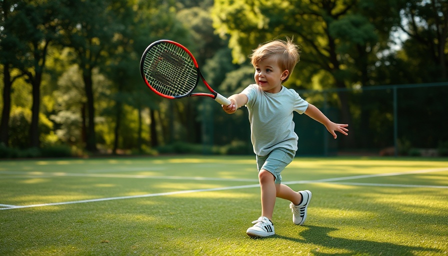 Energetic young child playing tennis on a grass court.