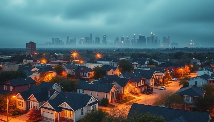 Aerial view of illuminated Austin neighborhood at dusk.