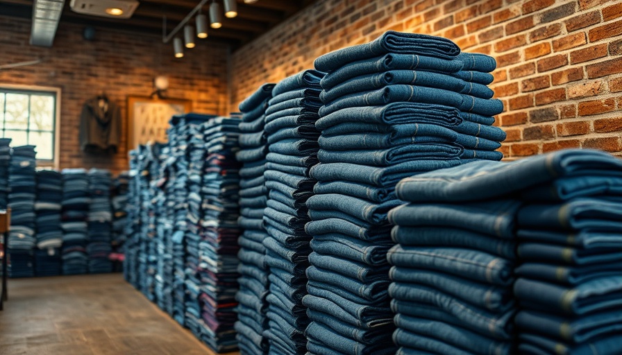Neatly organized jeans at Austin free jeans event in rustic store setting.