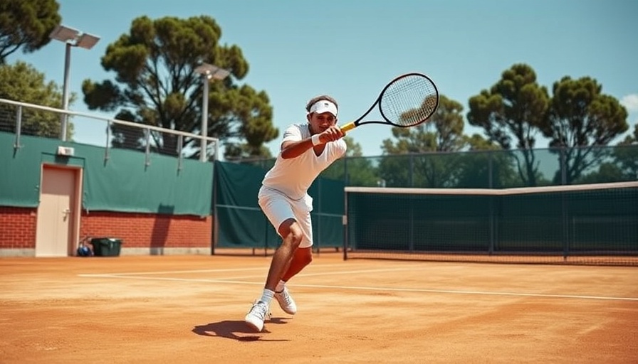Tennis player mid-swing on clay court, dynamic action shot.