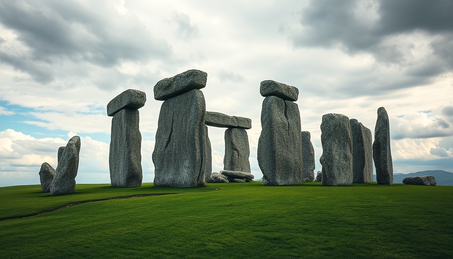 Ancient stone monoliths resembling Stonehenge on a green field in Texas