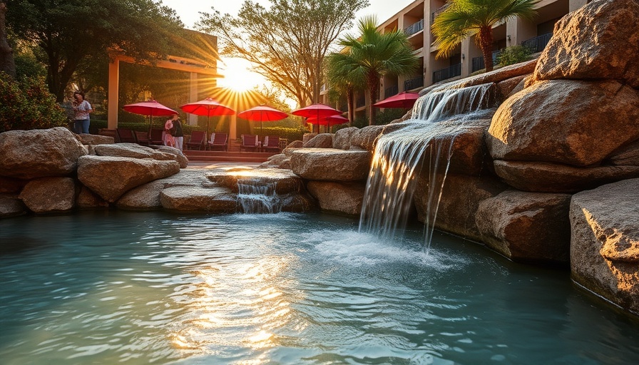 Scenic waterfall at Austin resort, a fun weekend getaway.
