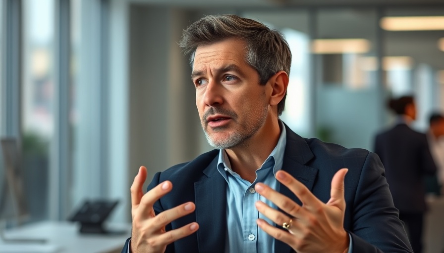 Middle-aged man talking in an office setting, engaged and gesturing.