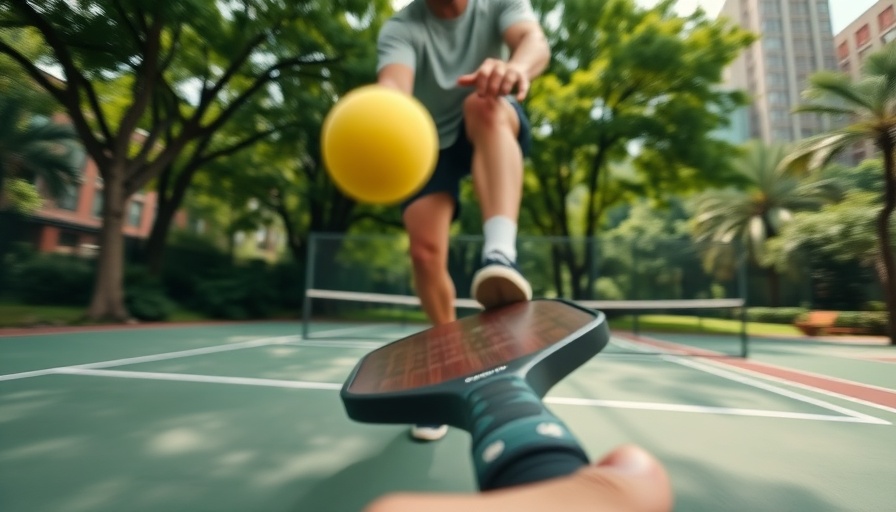 Dynamic POV pickleball action shot on an outdoor court.