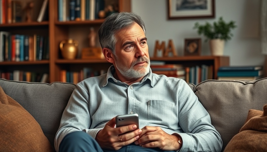 Middle-aged man contemplating on a couch in a cozy room.